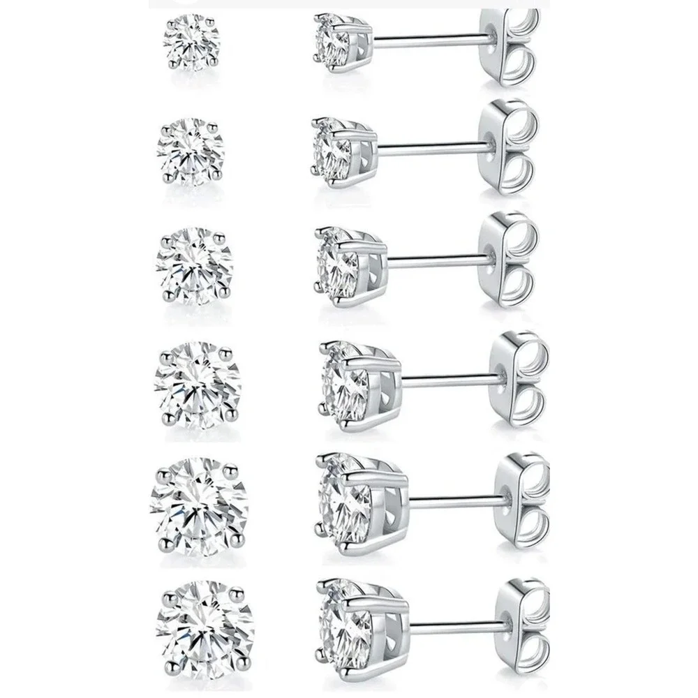 18K White Gold Plated 4 Pong round Clear Cubic Zirconia Stud Earring Set 8 Pairs